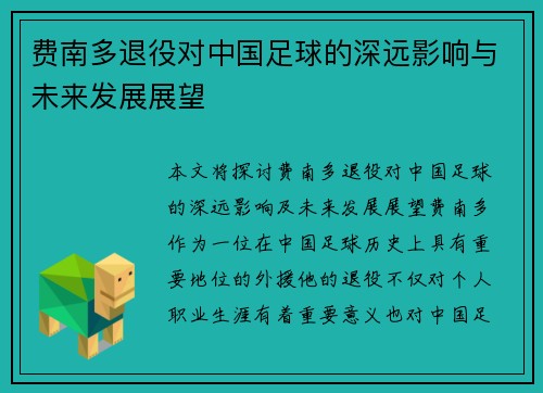 费南多退役对中国足球的深远影响与未来发展展望