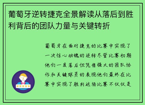 葡萄牙逆转捷克全景解读从落后到胜利背后的团队力量与关键转折