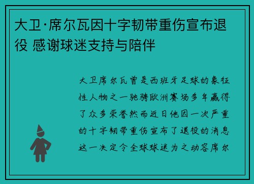 大卫·席尔瓦因十字韧带重伤宣布退役 感谢球迷支持与陪伴 大卫·席尔瓦因十字韧带重伤宣布退役 感谢球迷支持与陪伴